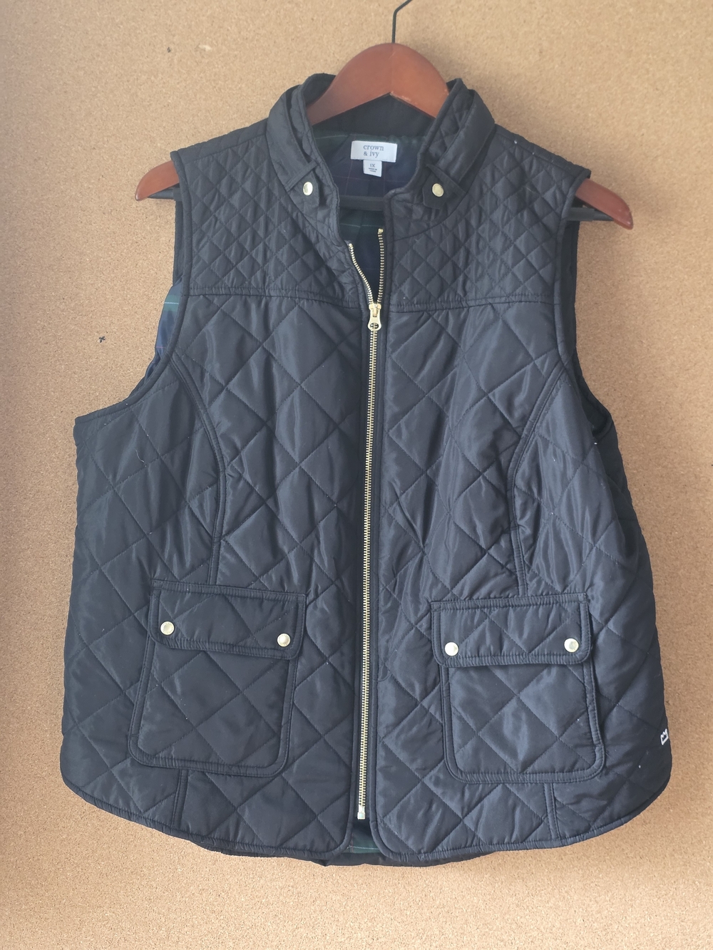Crown & Ivy Black Quilted Puffer Vest Plaid Lined 1X
